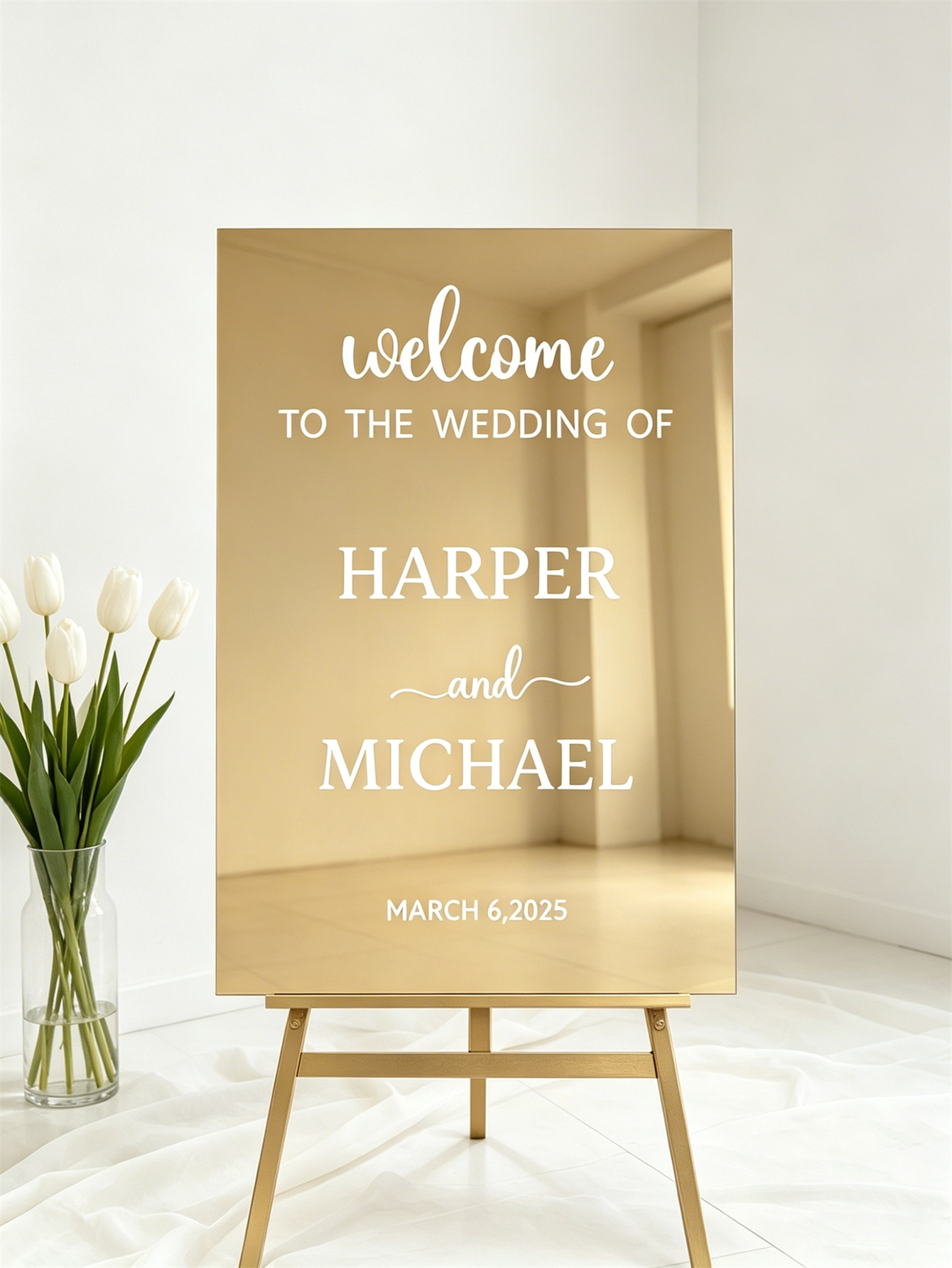 Mirror acrylic welcome signs, golden mirror wedding direction signs, custom wedding direction signs, ceremony welcome signs